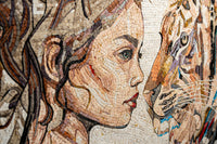 Intricate mosaic artwork featuring a woman's profile alongside a tiger's face, showcasing vibrant colors and detailed textures.