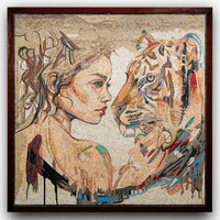 Intricate mosaic art featuring a woman's profile beside a tiger — vibrant colors and detailed textures create a striking visual contrast.