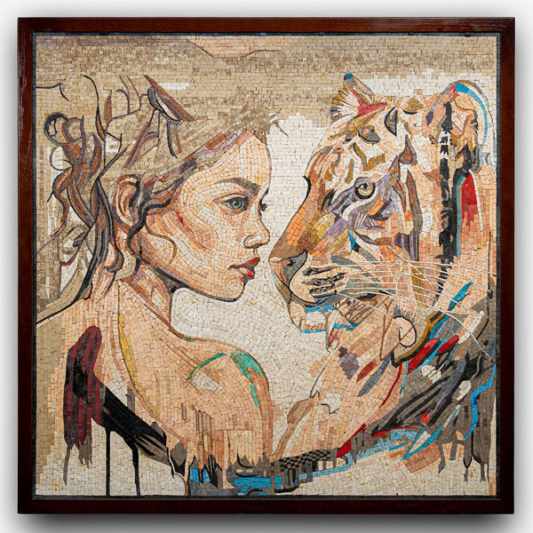 Intricate mosaic art featuring a woman's profile beside a tiger — vibrant colors and detailed textures create a striking visual contrast.