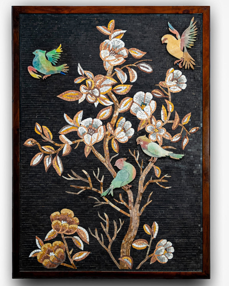 Intricate wall art featuring colorful birds and floral motifs on a dark background — handcrafted mosaic design with vibrant details