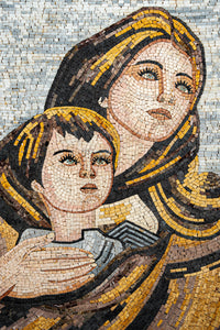 Artistic mosaic depicting a mother and child with intricate tile patterns in warm tones and detailed facial expressions