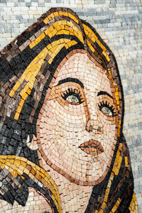 Intricate mosaic artwork depicting a woman with flowing blonde hair and striking blue eyes, showcasing detailed craftsmanship.