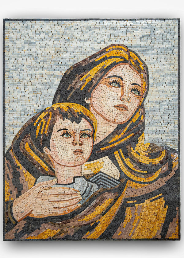 Artistic mosaic wall decor featuring a mother and child in warm hues with intricate tile patterns and textured details.