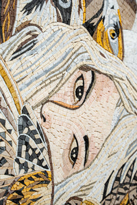 Intricate mosaic artwork featuring a woman's face with detailed textures and a blend of natural tones and shades.
