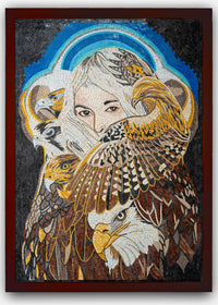 Intricate mosaic artwork featuring a woman's face surrounded by majestic birds of prey — a stunning blend of colors and textures.