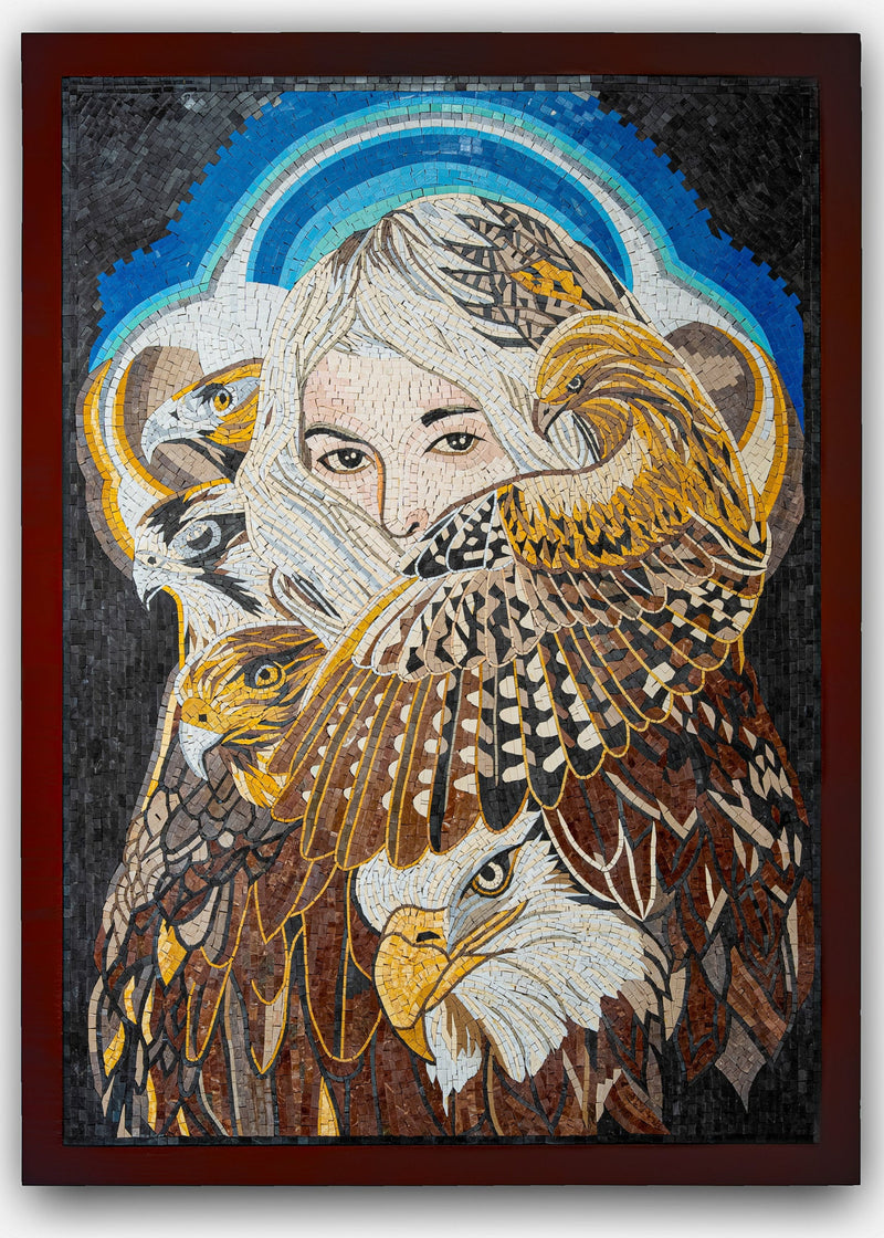 Intricate mosaic artwork featuring a woman's face surrounded by majestic birds of prey — a stunning blend of colors and textures.