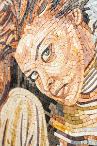 Intricate mosaic artwork featuring a woman's face with warm earth tones and textured tile pieces creating depth and detail
