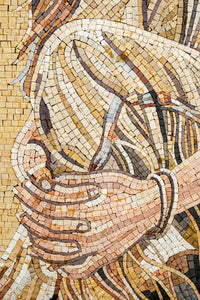 Intricate mosaic artwork depicting a close-up of hands gently holding flowing hair — warm earthy tones create a textured finish.