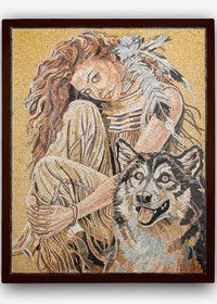 Intricate mosaic artwork featuring a woman with flowing hair and a wolf, showcasing vibrant colors and detailed textures.