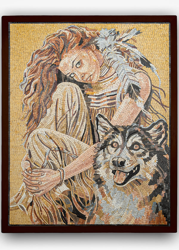Intricate mosaic artwork featuring a woman with flowing hair and a wolf, showcasing vibrant colors and detailed textures.