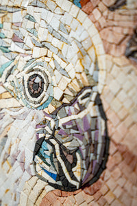 Intricate mosaic artwork featuring a close-up of a bird's face with detailed textures and vibrant colors in natural light