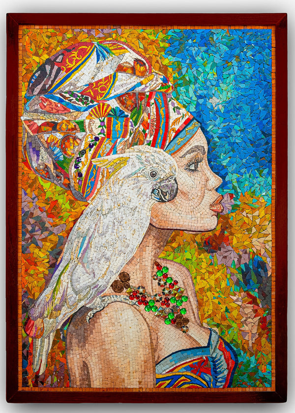 Vibrant mosaic artwork featuring a profile of a woman adorned with a colorful head wrap and a white parrot perched on her shoulder