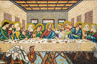 Vibrant mosaic artwork depicting the Last Supper with intricate details and rich colors on a textured background