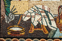 Intricate mosaic artwork depicting a stylized animal with vibrant tiles in earthy tones — showcasing craftsmanship and detail.