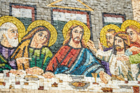 Vivid mosaic artwork depicting the Last Supper with intricate tile patterns and vibrant colors capturing historical figures