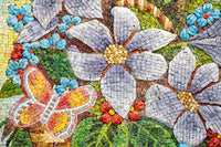 Vibrant mosaic artwork featuring large grey flowers and colorful butterflies set against lush green foliage.