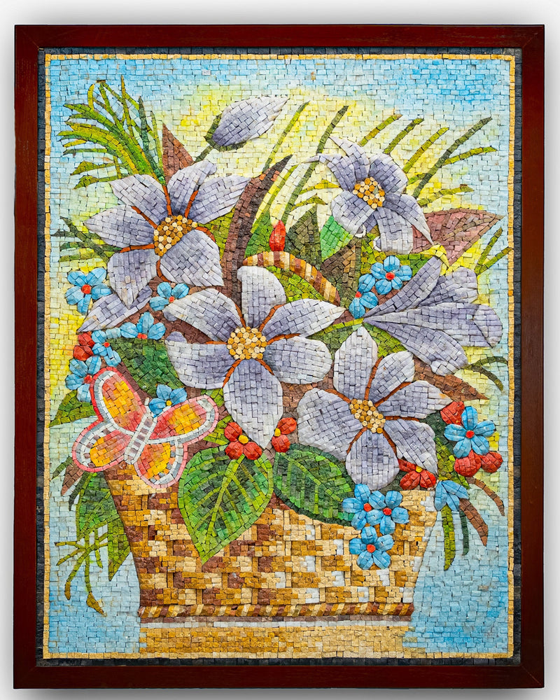 Colorful floral mosaic artwork featuring purple flowers and blue accents in a woven basket — vibrant design with intricate details