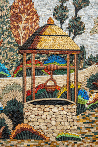 Artistic mosaic depicting a well surrounded by vibrant foliage and stones, showcasing intricate craftsmanship and color.