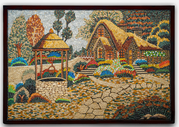 Vibrant mosaic artwork featuring a thatched cottage surrounded by colorful foliage and a stone well in a serene garden setting