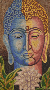 Intricate mosaic art featuring a serene Buddha face in blue and pink tones—surrounded by vibrant green leaves and a white lotus flower.