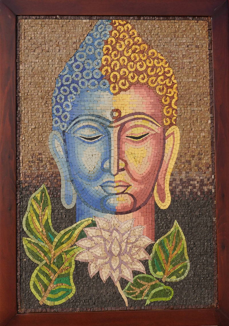 Intricate mosaic art featuring a serene Buddha face in blue and gold tones, surrounded by vibrant green leaves and a white lotus flower.