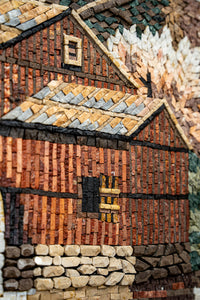 Intricate mosaic artwork depicting a rustic wooden cabin with textured stone details and warm earthy tones.
