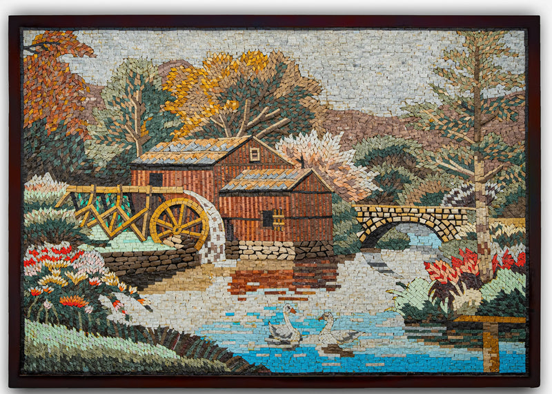 Vibrant landscape mosaic featuring a rustic watermill and bridge surrounded by autumn foliage — intricate stone details enhance the scene.