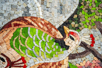 Vibrant mosaic art featuring a colorful bird with green feathers and intricate stone patterns in earthy tones.