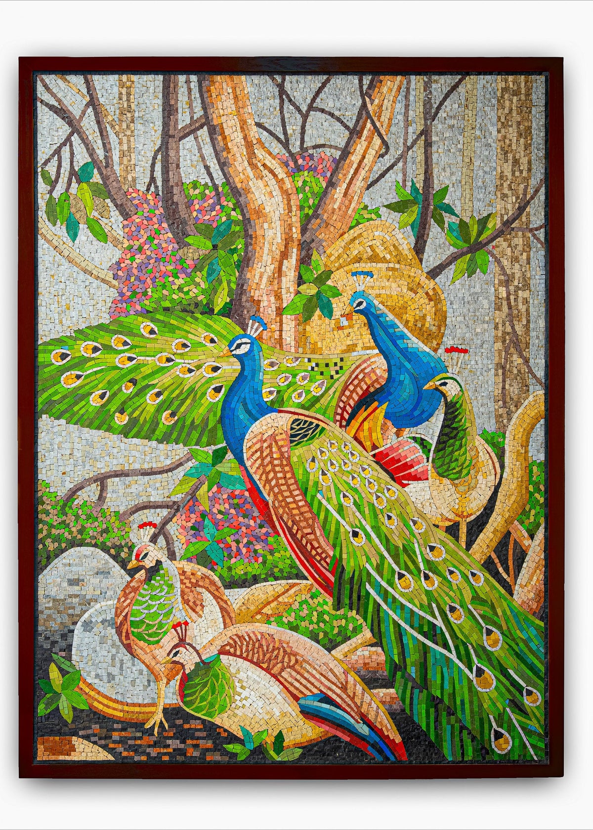 Vibrant mosaic artwork featuring peacocks amidst lush greenery — intricate detailing in colorful glass tiles.
