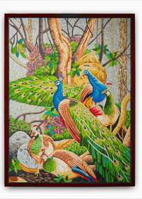 Vibrant mosaic artwork featuring peacocks amidst lush greenery — intricate detailing in colorful glass tiles.