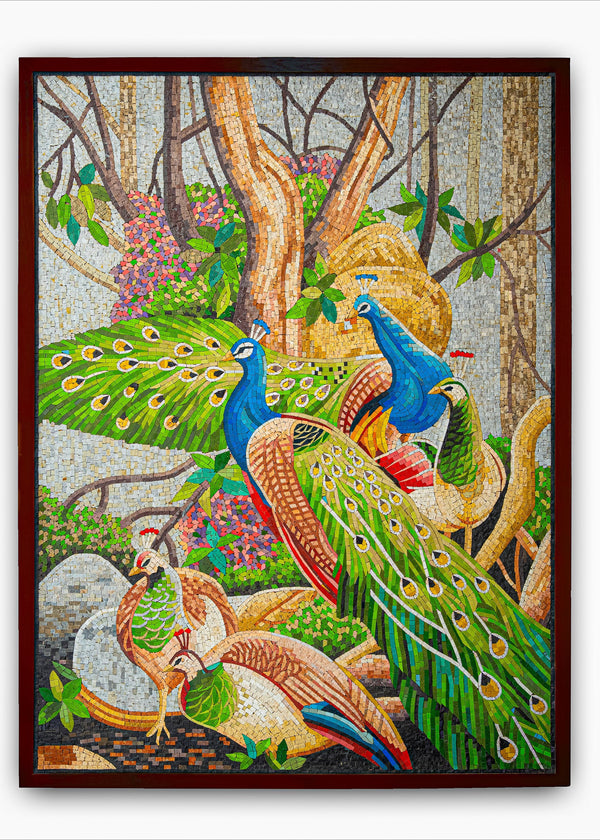 Vibrant mosaic artwork featuring peacocks amidst lush greenery — intricate detailing in colorful glass tiles.