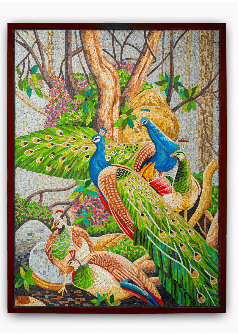 Vibrant mosaic artwork featuring peacocks amidst lush greenery — intricate detailing in colorful glass tiles.