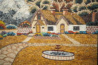 Intricate mosaic artwork depicting a charming cottage with a thatched roof surrounded by vibrant flowers and a stone pathway.