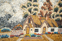 Intricate mosaic artwork featuring a quaint cottage with a thatched roof, surrounded by vibrant floral details and mountains.