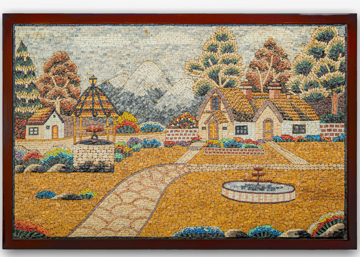 Vibrant mosaic artwork depicting a quaint cottage scene with lush gardens and a stone pathway leading to a rustic well.