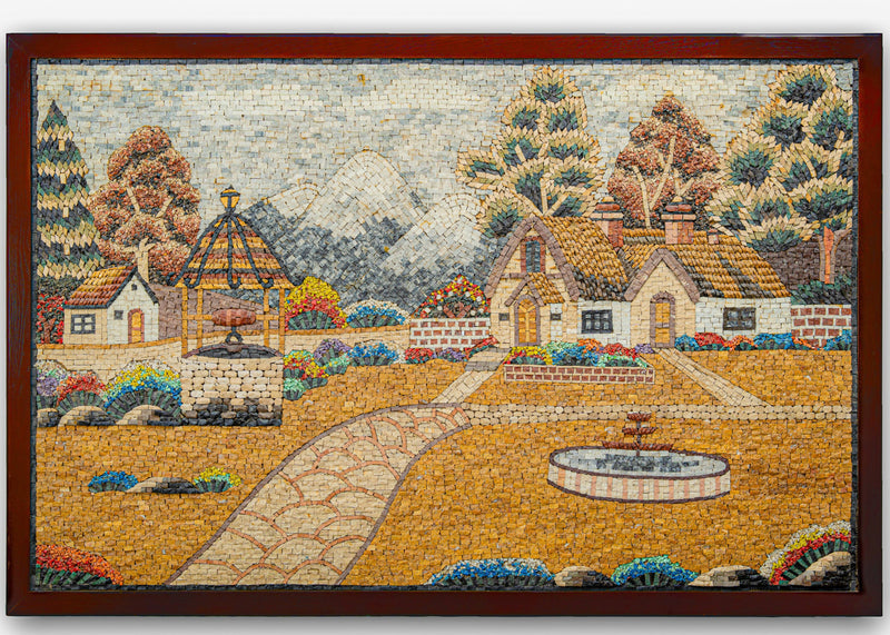 Vibrant mosaic artwork depicting a quaint cottage scene with lush gardens and a stone pathway leading to a rustic well.