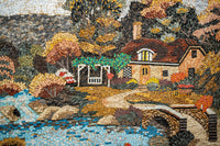 Intricate mosaic artwork depicting a charming cottage by a serene river, surrounded by vibrant autumn foliage.