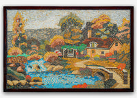 Vibrant mosaic artwork depicting a serene cottage scene with autumn foliage and a tranquil stream flowing under a stone bridge