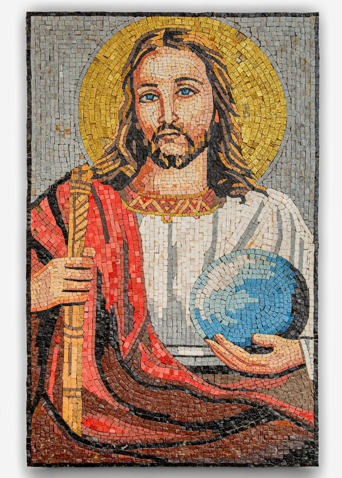 Intricate mosaic artwork depicting Jesus Christ with a golden halo — vibrant colors and detailed craftsmanship enhance the spiritual theme