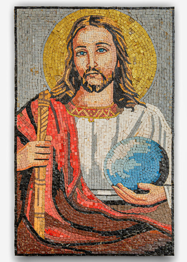 Intricate mosaic artwork depicting Jesus Christ with a golden halo — vibrant colors and detailed craftsmanship enhance the spiritual theme