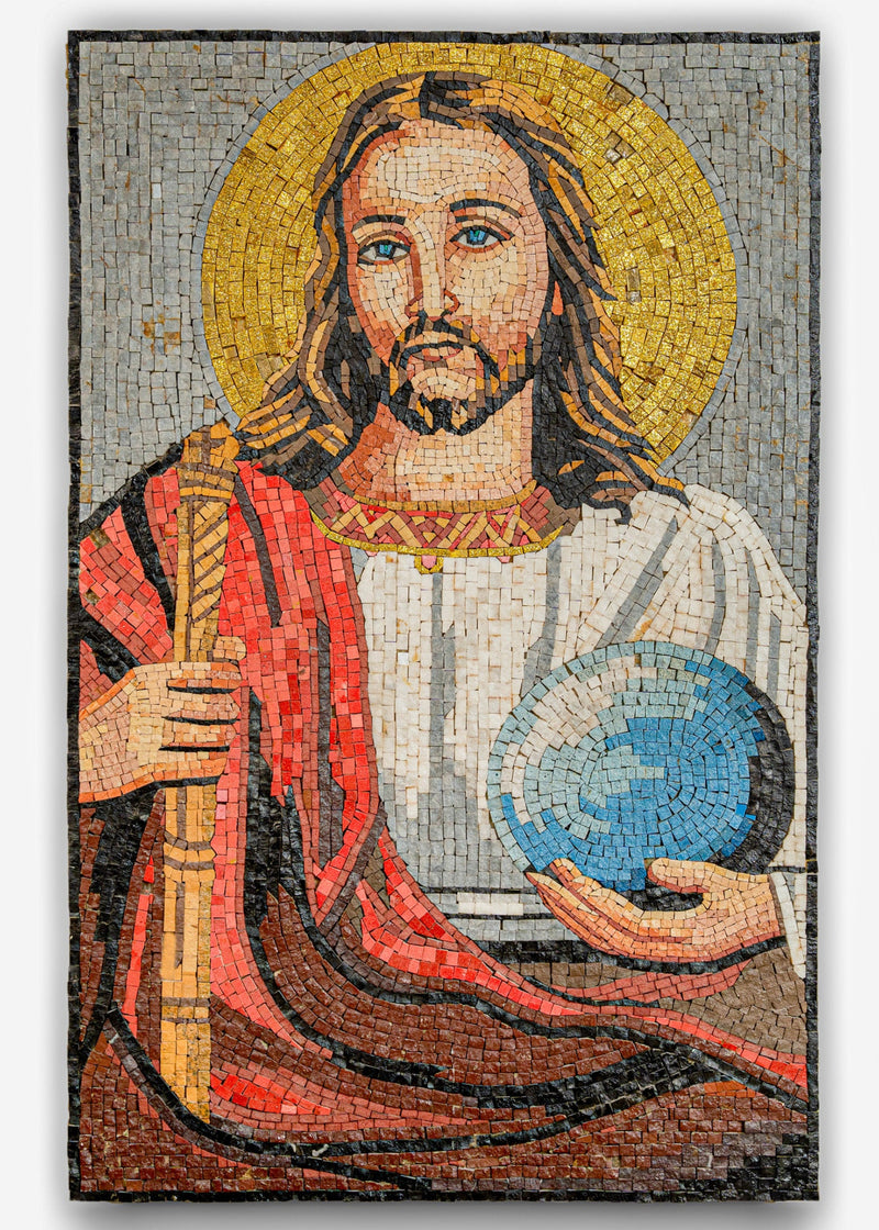 Intricate mosaic artwork depicting Jesus Christ with a golden halo — vibrant colors and detailed craftsmanship enhance the spiritual theme