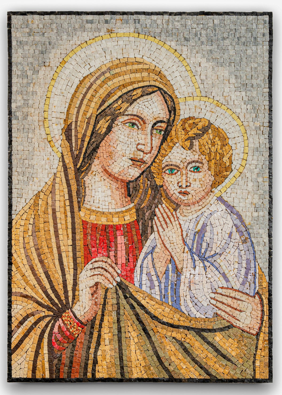 Intricate mosaic artwork depicting a mother holding a child, showcasing vibrant colors and detailed expressions.