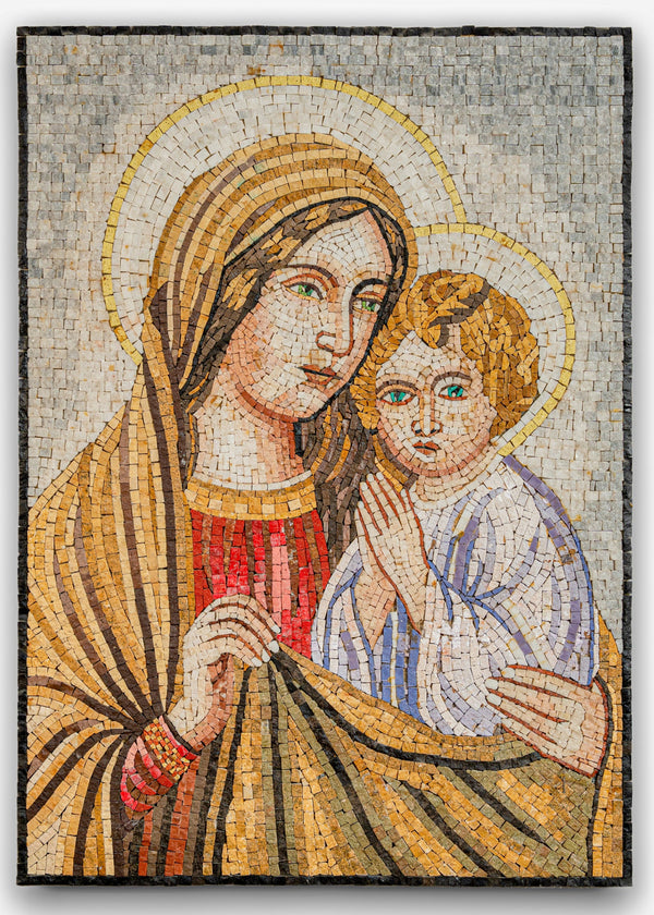 Intricate mosaic artwork depicting a mother holding a child, showcasing vibrant colors and detailed expressions.