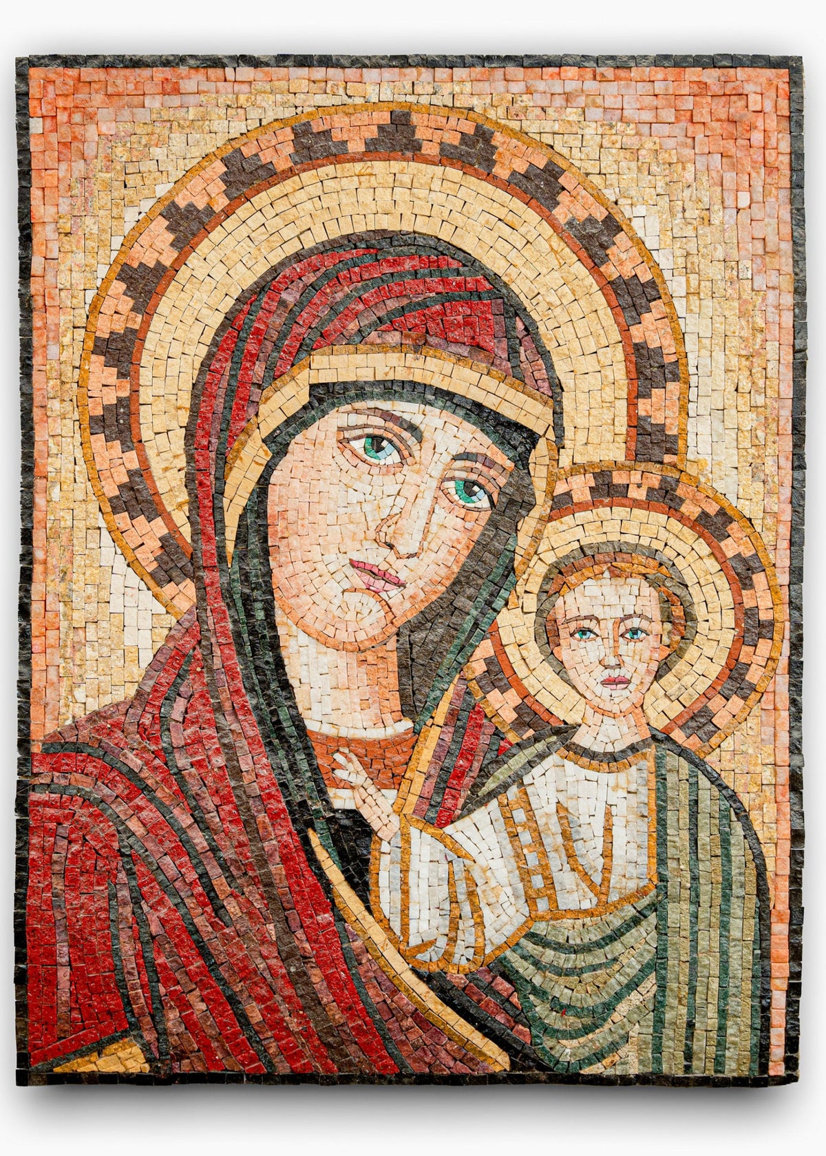 Intricate mosaic artwork depicting a mother and child in warm earth tones — featuring detailed facial expressions and textures.