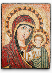 Intricate mosaic artwork depicting a mother and child in warm earth tones — featuring detailed facial expressions and textures.