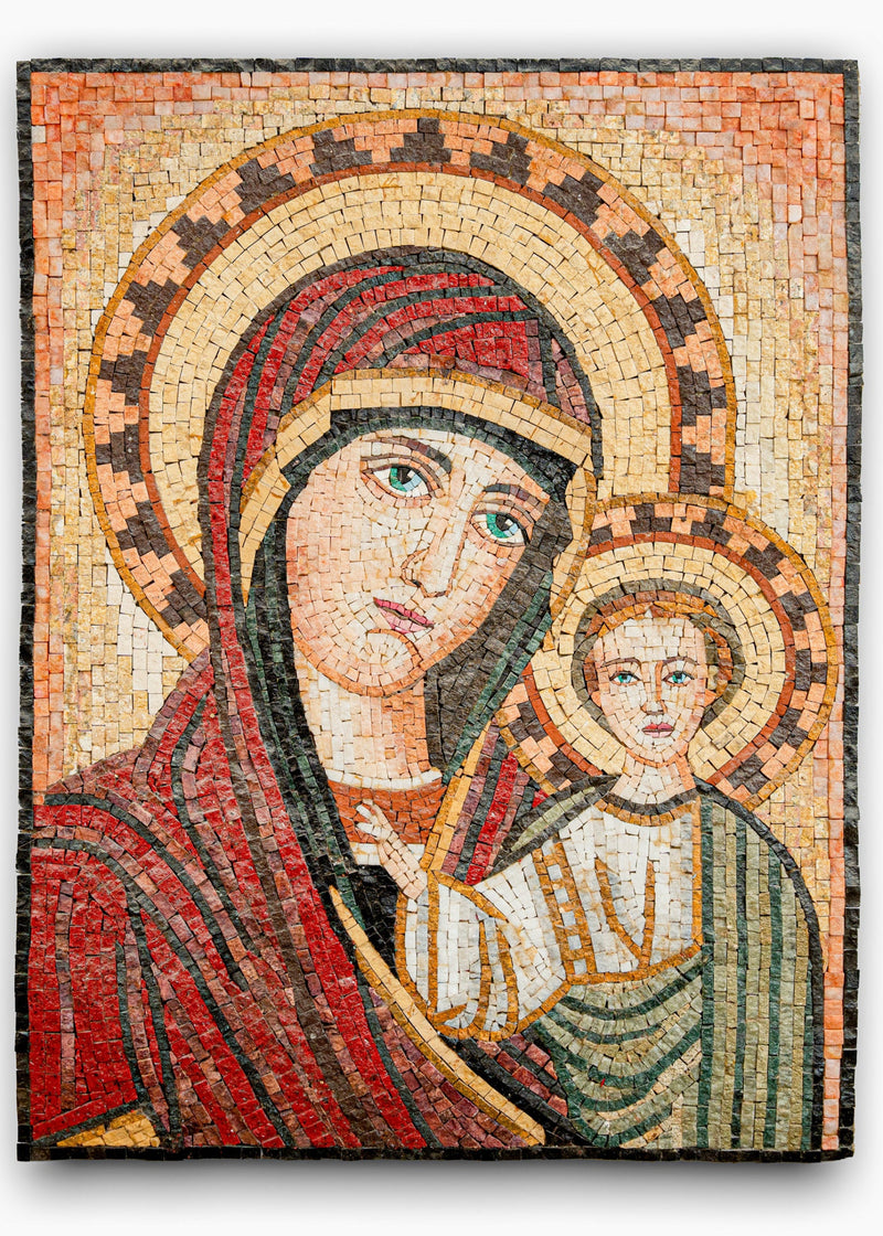 Intricate mosaic artwork depicting a mother and child in warm earth tones — featuring detailed facial expressions and textures.