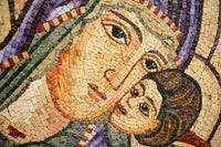 Intricate mosaic art featuring a mother and child in warm earth tones — textured tiles creating a captivating visual depth