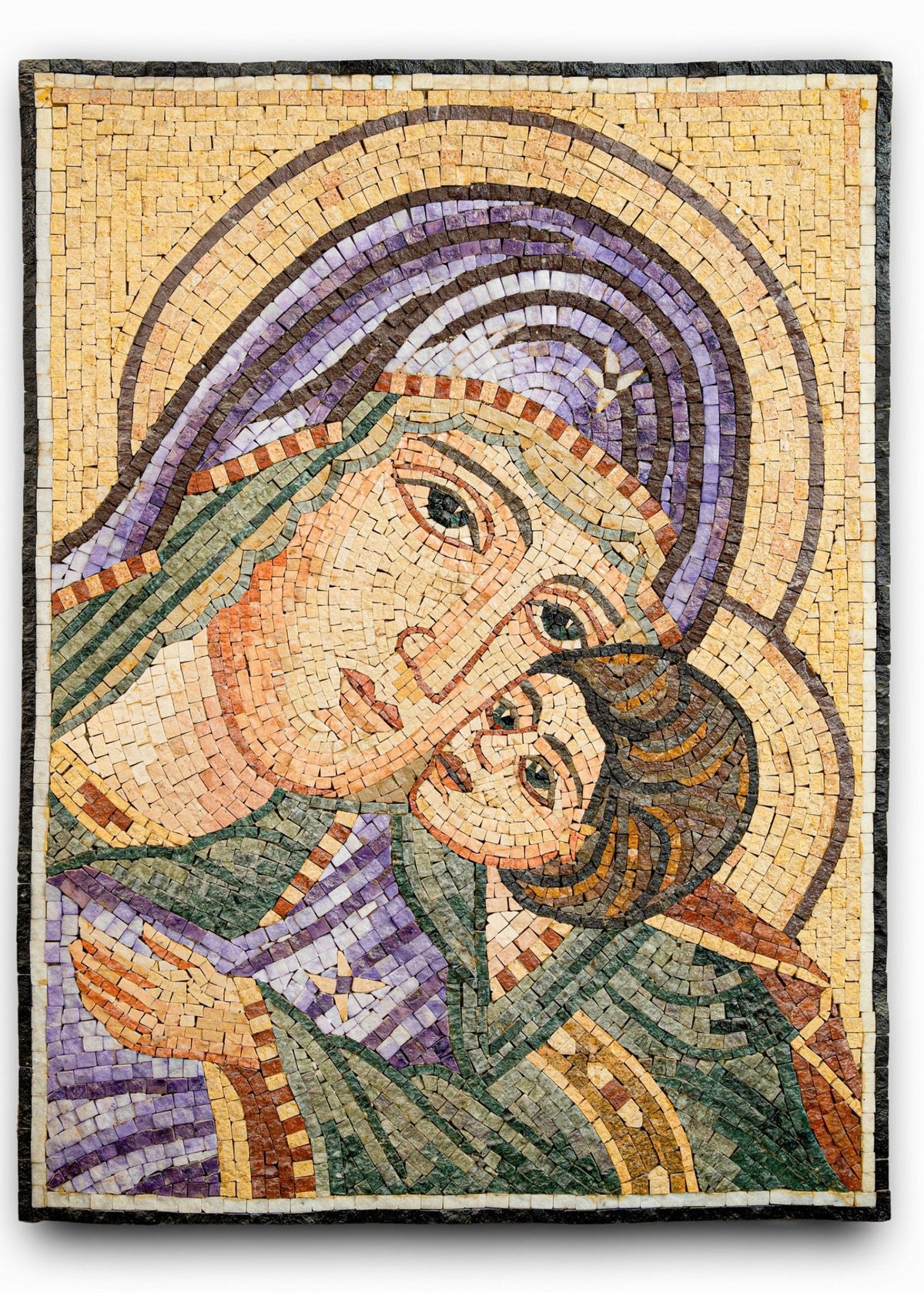 Intricate mosaic artwork depicting a mother and child, featuring vibrant colors and detailed textures in stone.