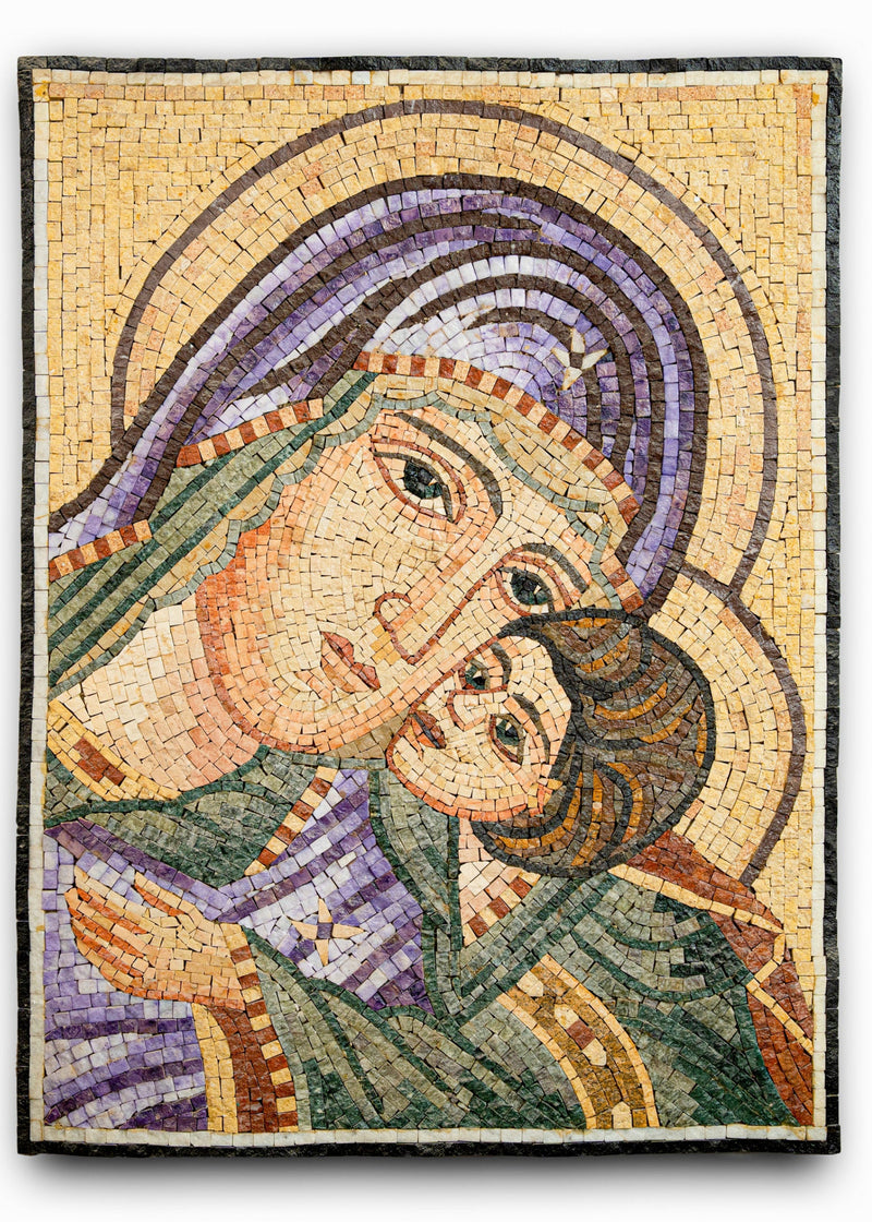Intricate mosaic artwork depicting a mother and child, featuring vibrant colors and detailed textures in stone.