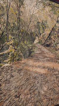 Intricate mosaic artwork depicting a sunlit forest path with textured leaves and vibrant greenery framing the scene